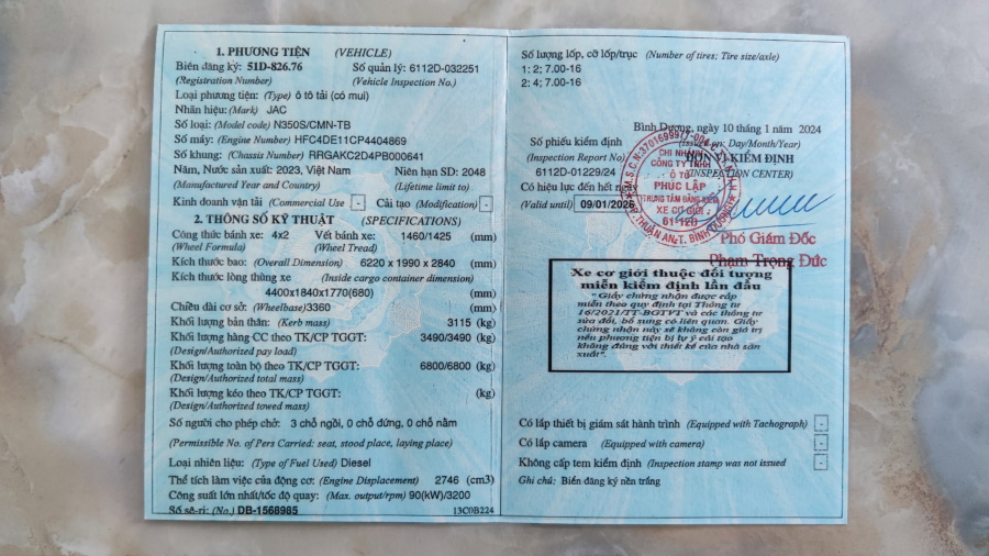 Sổ đăng kiểm xe tải jac n350s