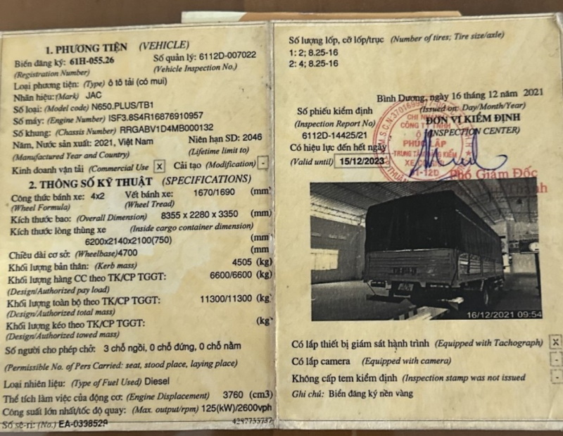Sổ đăng kiểm JAC N650plus