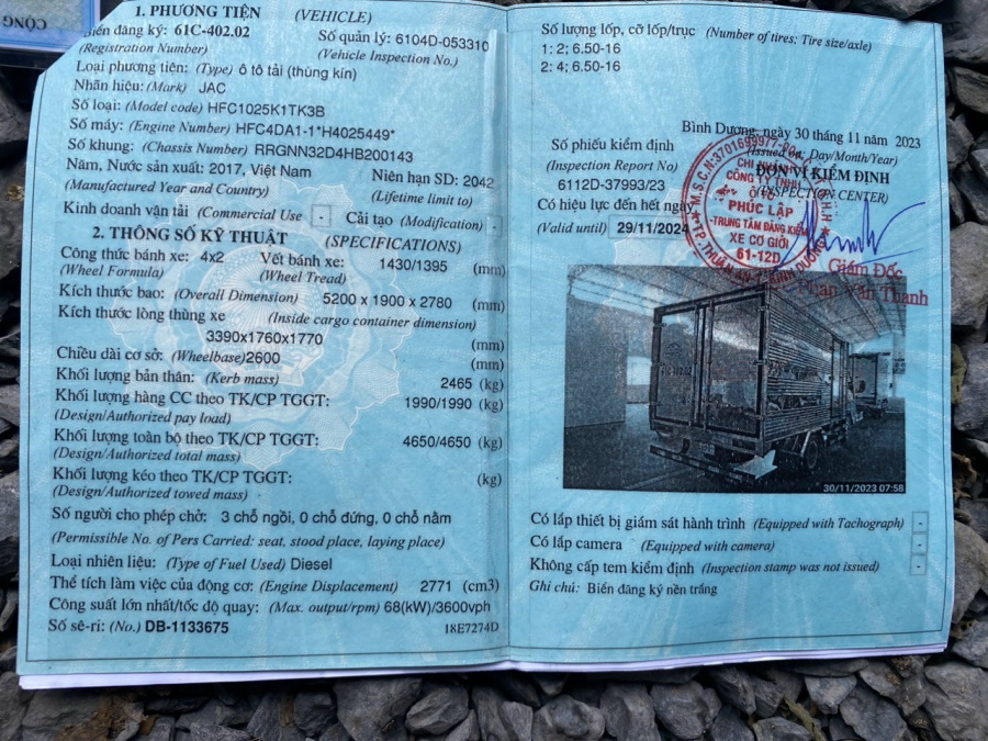 Sổ đăng kiểm JAC 2t4