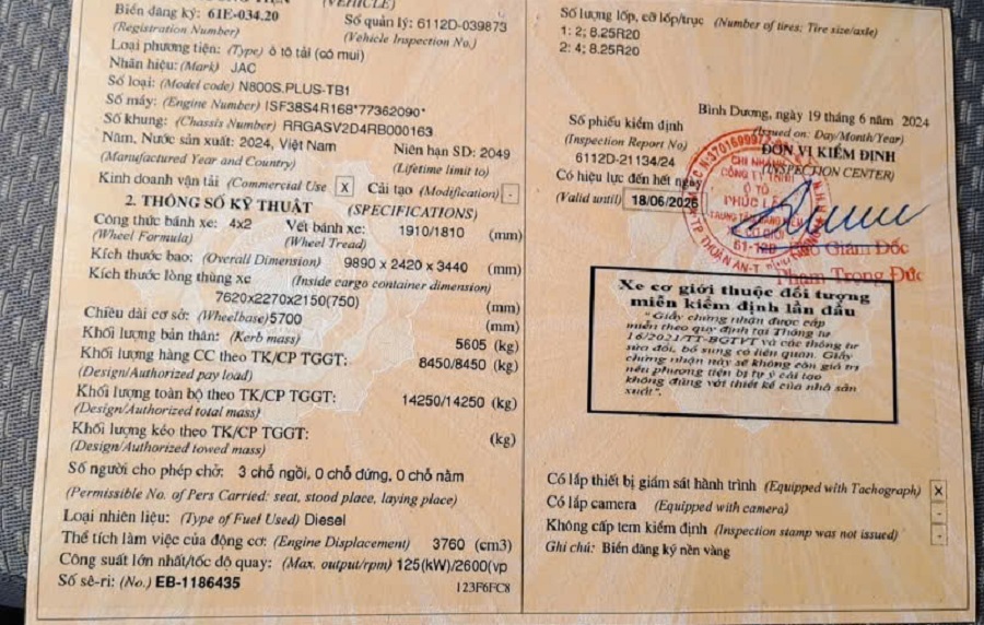 Sổ đăng kiểm JAC N800s đời 2024