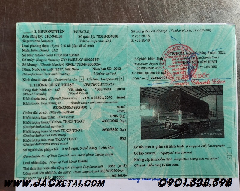 Sổ đăng kiểm xe tải jac đào tạo dạy lái xe bằng C